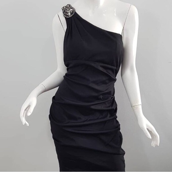 🌼  1900 XSCAPE‎ HUG ME AGAIN BLACK DRESS/ STRETCHY/ ONE SHOULDER / SIZE 8 - Picture 1 of 14